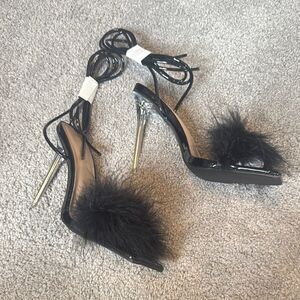 Women Wild Diva Black Open Toe Feathered Lace Up Stiletto High Heel Size 6.5 NEW